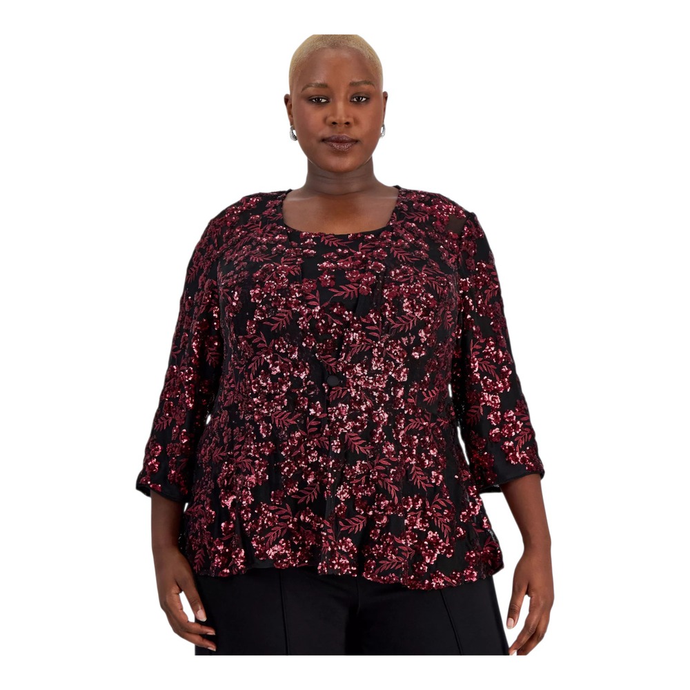 Alex Evenings Plus Sequin Embroidered Jacket &‎ Shell Twinset Black/Wine Size 2X